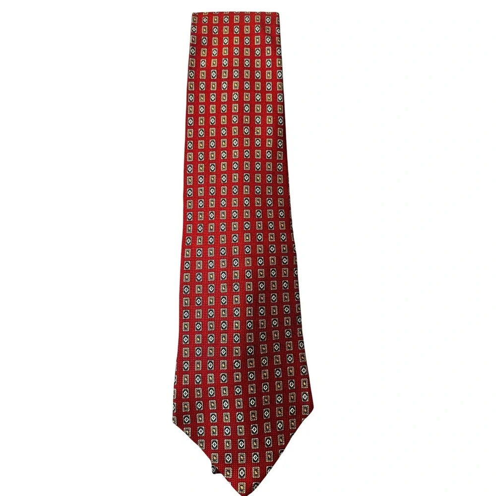 Tommy Hilfiger Mens Silk Tie Red Foulard Geometric Crest Pattern Academia Preppy